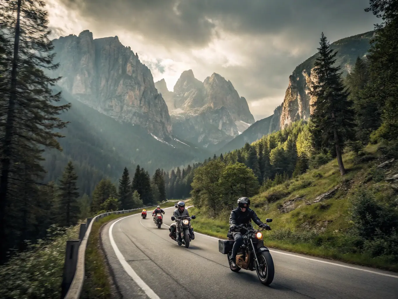A group of motorcyclists participating in a club-organized ride through scenic countryside, showcasing the social aspect of the club.