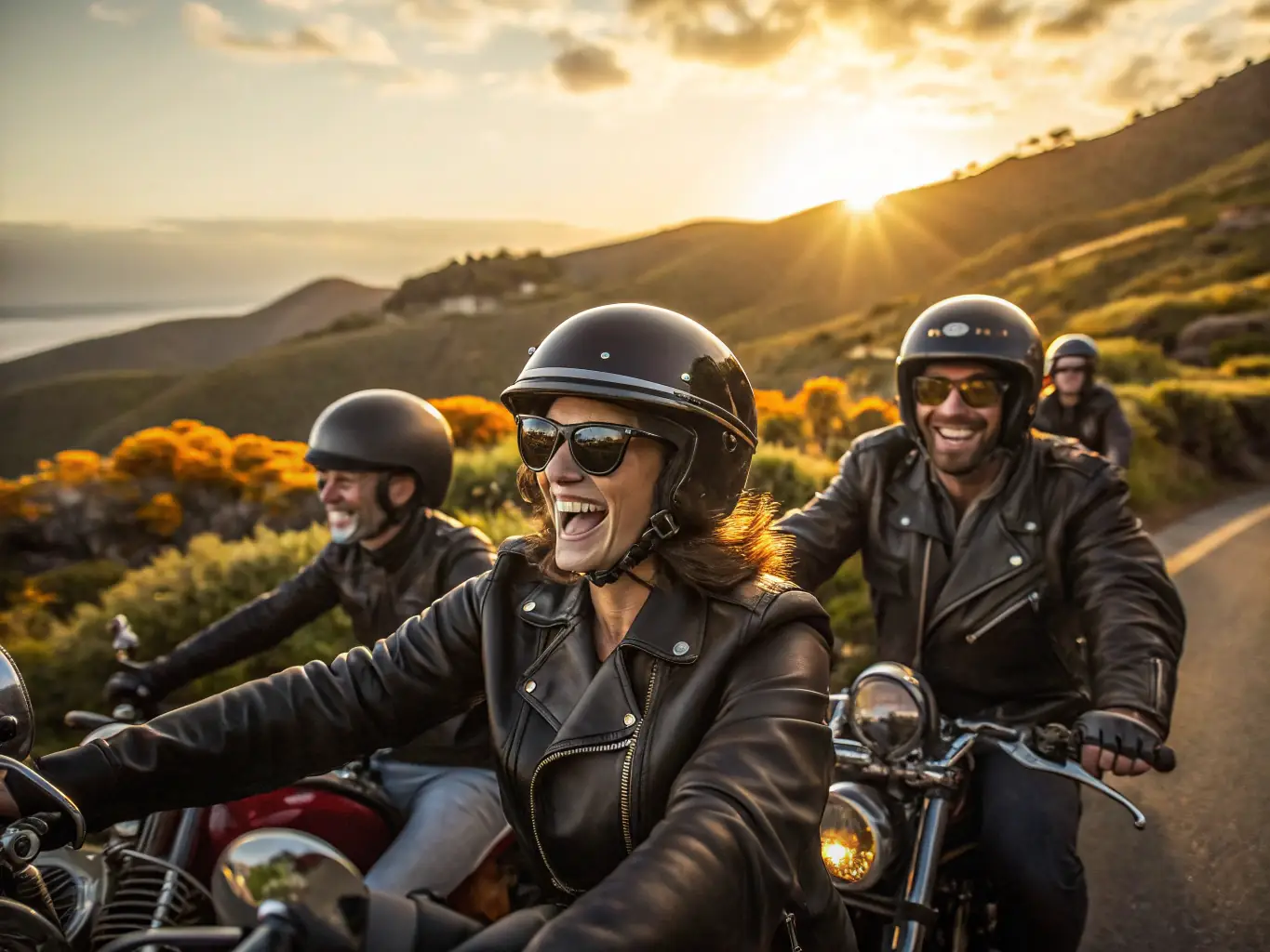 A diverse group of EMO members riding together on a scenic country road, showcasing the camaraderie and adventure that the club offers.